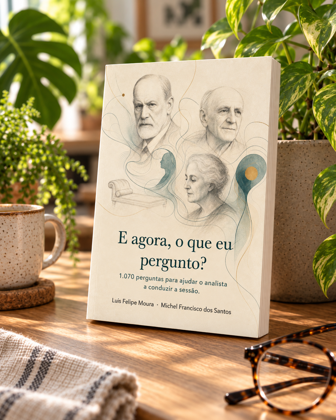 Livro E agora, o que eu pergunto? em uma composição com plantas e luz natural