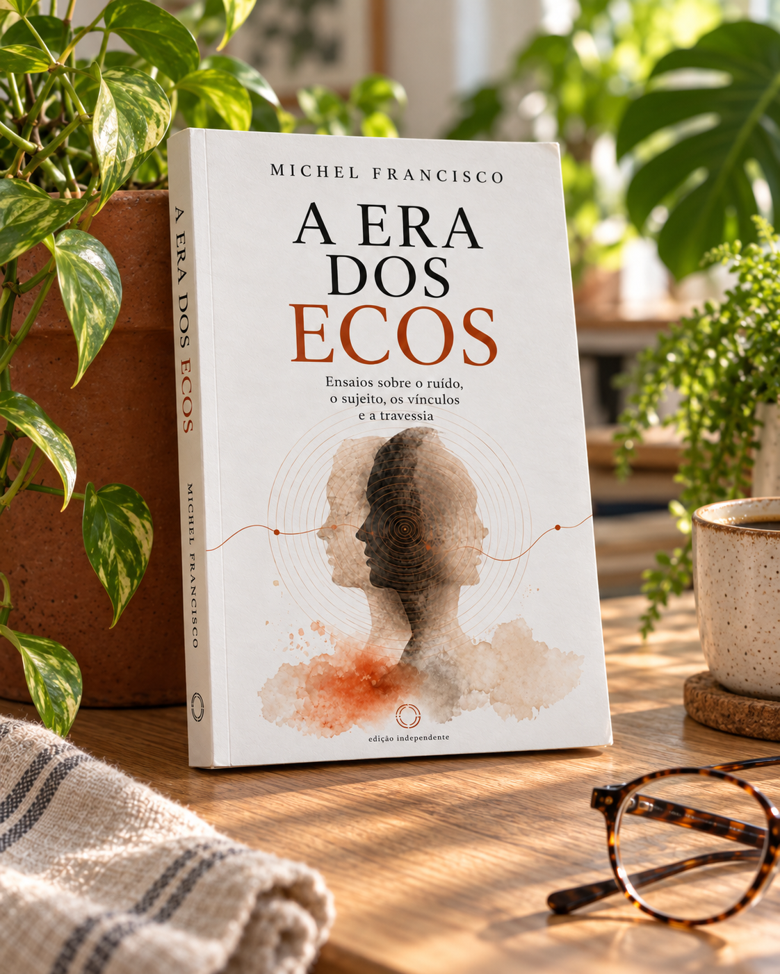 Livro A Era dos Ecos em uma composição com plantas e luz natural