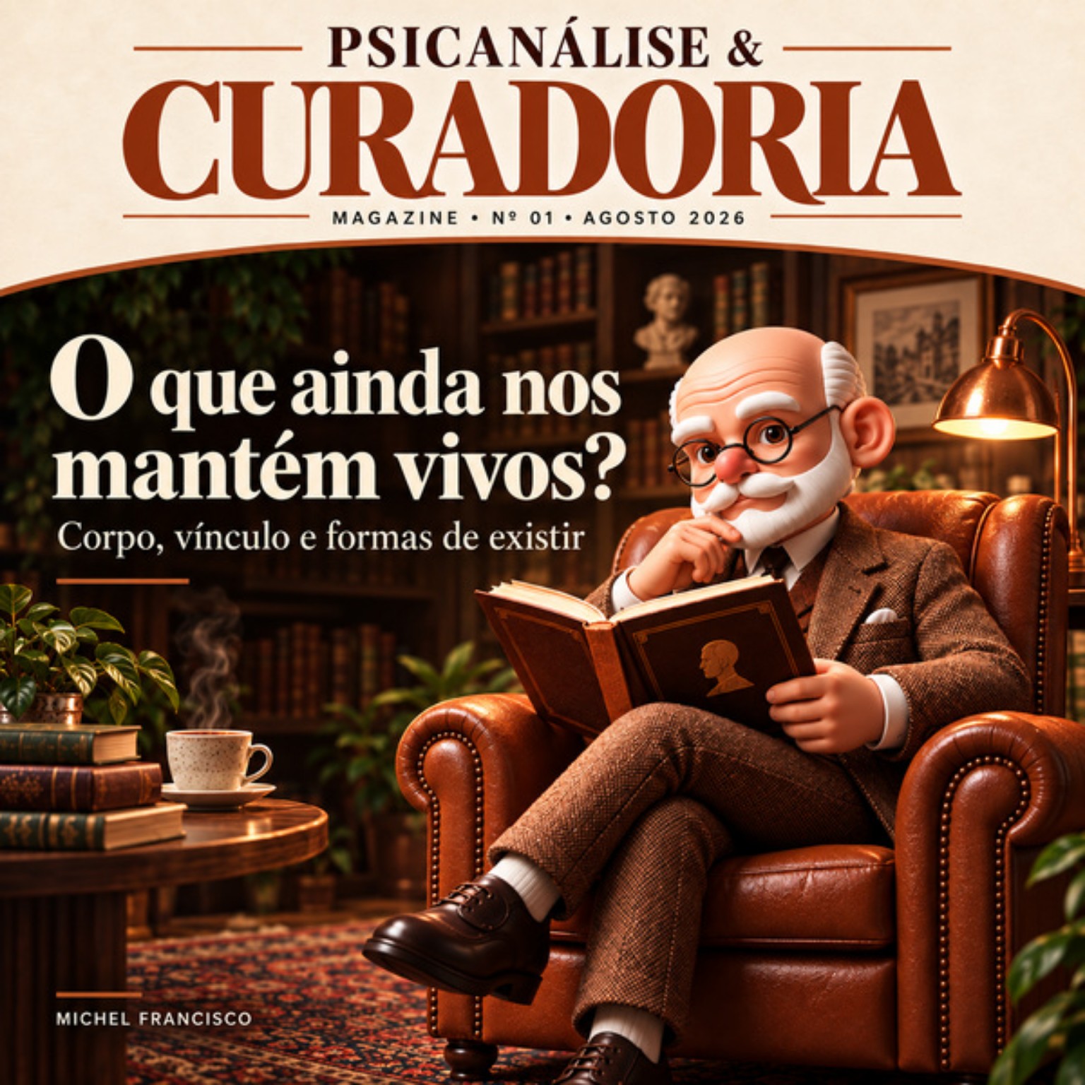 Capa da revista Psicanálise & Curadoria, nº 01: O que ainda nos mantém vivos?, com Freud lendo em uma poltrona